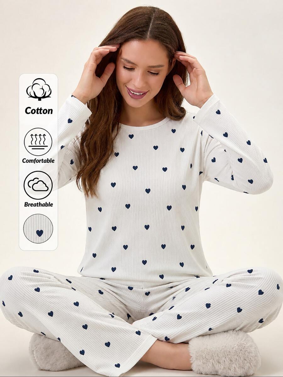 Wovencharm Wovencharm طقم قطني نسائي من قطعتين: توب برقبة دائرية وأكمام قصيرة بطبعة خطوط وقلوب & شورت مريح