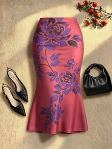 EastFlair Plus Size Vintage Floral Print Mermaid Skirt Fall/Winter Chinese Style - Multicolor - View 3