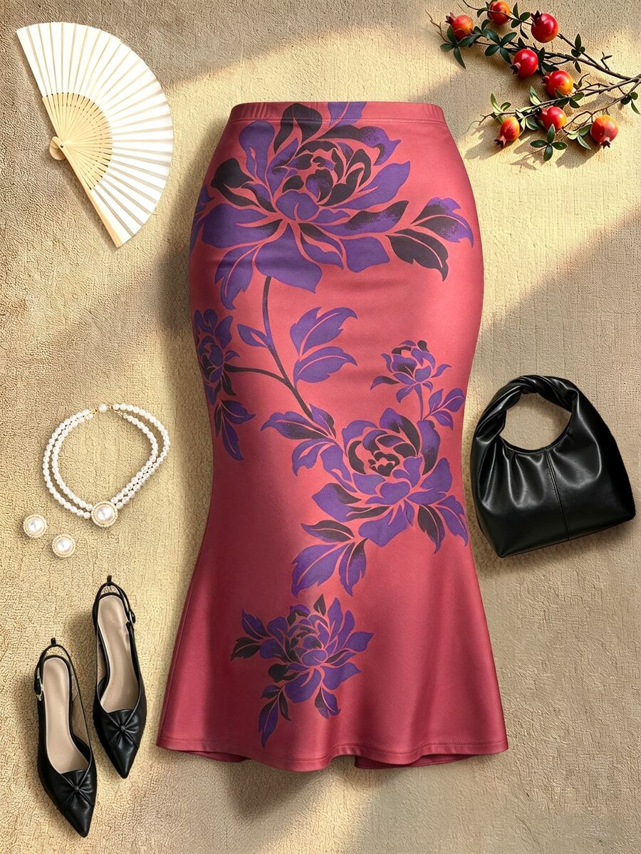 EastFlair Plus Size Vintage Floral Print Mermaid Skirt Fall/Winter Chinese Style - Multicolor - View 1