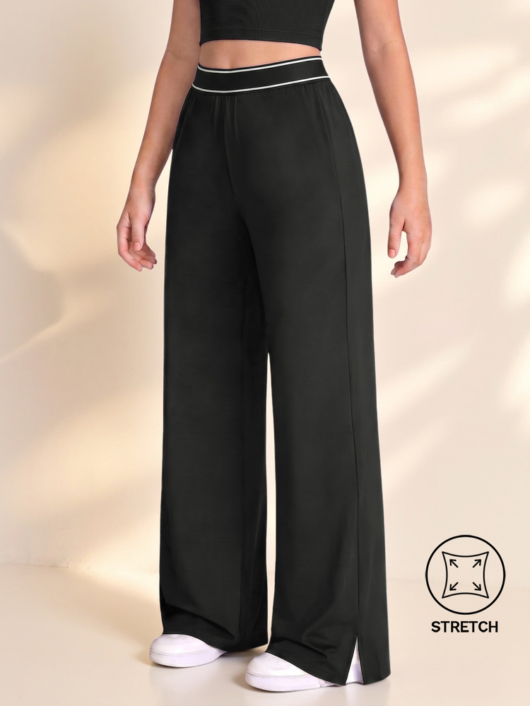 SHEIN Tween Girls Activewear Black And White Striped Knit Straight Leg Wide Leg Pants, Loose Fit, Elastic Waistband, Campus Baggy Y2K Gym Workout Autumn - Black - View 1