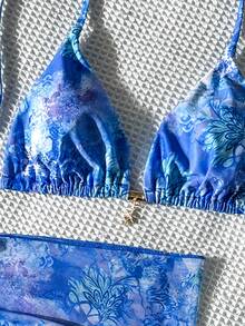 Costavie Women's Random Print Halter Metal Decor Mini Skirt 3-Piece Bikini Set, Spring/Summer - Multicolor - View 7