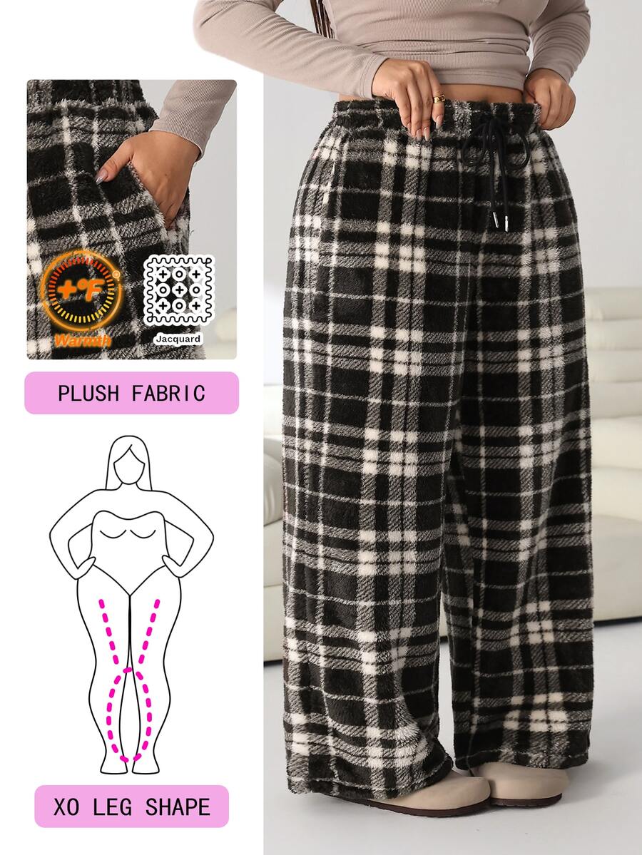 Solflare Plus Size Winter Plaid Warm Pants - Black and White - View 1