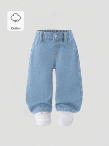 SHEIN Playful Pals 女嬰新款休閒時尚牛仔短褲，直筒水洗牛仔褲，秋季款 - 淺色水洗藍 - 查看 2