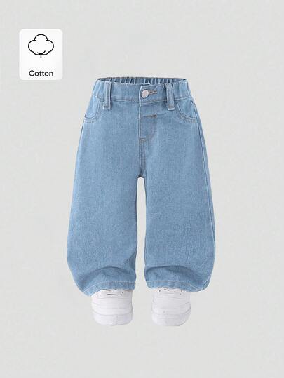SHEIN Playful Pals 女嬰新款休閒時尚牛仔短褲，直筒水洗牛仔褲，秋季款