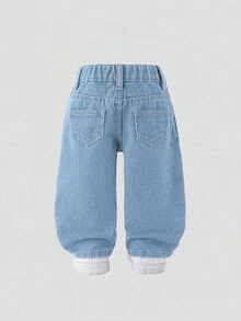 SHEIN Playful Pals 女嬰新款休閒時尚牛仔短褲，直筒水洗牛仔褲，秋季款 - 淺色水洗藍 - 查看 3