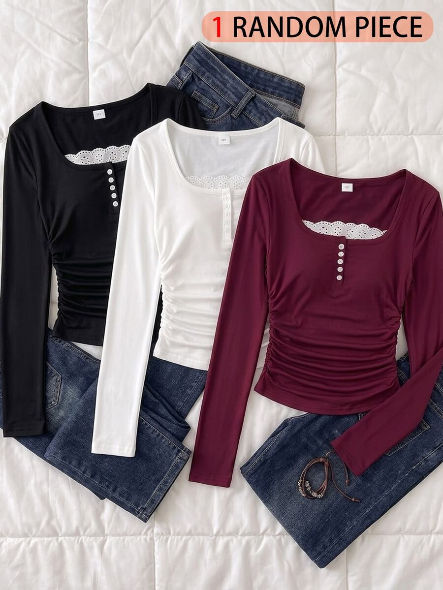 SHEIN 青少年女孩酒紅色領口鈕扣裝飾蕾絲飾邊長袖休閒可愛百搭設計T恤,春秋款,日常穿著、通勤、舞會正式場合 - 酒紅色 - 查看 1