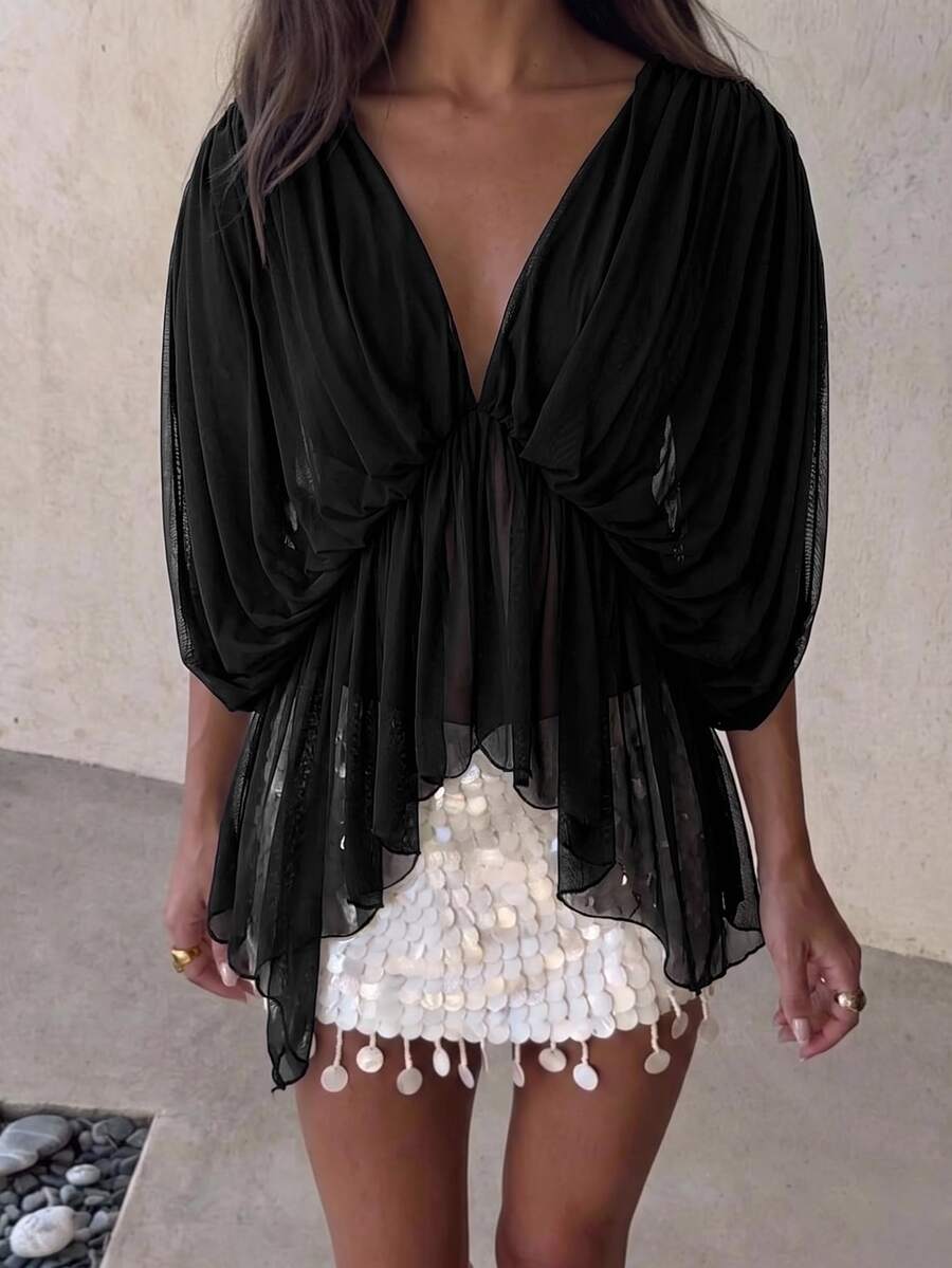 Aloruh Women's Solid Color Deep V-Neck Batwing Sleeve Asymmetric Hem Fashion Top - Black - View 1