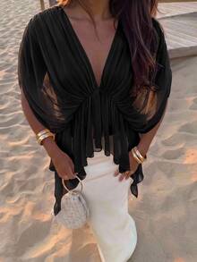 Aloruh Women's Solid Color Deep V-Neck Batwing Sleeve Asymmetric Hem Fashion Top - Black - View 6
