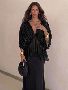 Aloruh Women's Solid Color Deep V-Neck Batwing Sleeve Asymmetric Hem Fashion Top - Black - View 3