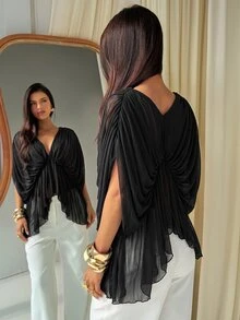 Aloruh Women's Solid Color Deep V-Neck Batwing Sleeve Asymmetric Hem Fashion Top - Black - View 2