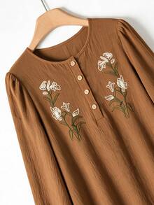 Rusticease 女款刺繡鈕扣半開襟時尚洋裝 棕色花卉圖案 野餐早午餐鄉村風休閒秋季秋冬洋裝 - 棕色 - 查看 5