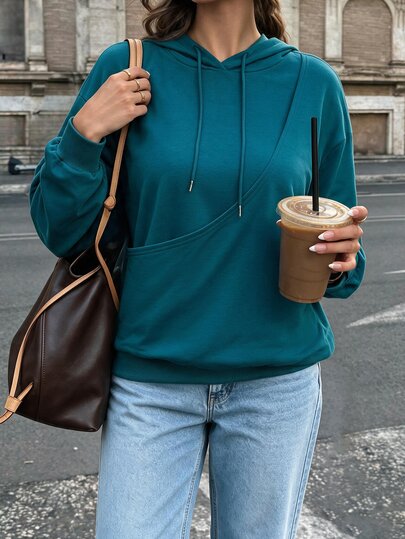 Easura Plus Size Women's Lake Blue Hooded Sweatshirt With Front Pet Pocket, Loose Casual Everyday Dog Walking Top, Autumn/Winter