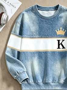 青少年男孩休閒街頭極簡風 K 字對比色條紋印花落肩圓領衛衣與運動褲 2 件套，適合外出與運動 - 彩色 - 查看 4
