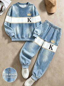 青少年男孩休閒街頭極簡風 K 字對比色條紋印花落肩圓領衛衣與運動褲 2 件套，適合外出與運動 - 彩色 - 查看 3