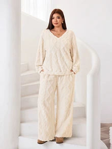 Solflare Plus Size Women Solid Color Long Sleeve Top And Pants Casual Daily Set - Apricot - View 5