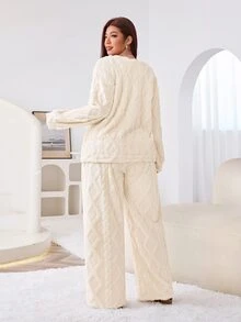 Solflare Plus Size Women Solid Color Long Sleeve Top And Pants Casual Daily Set - Apricot - View 2