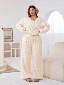 Solflare Plus Size Women Solid Color Long Sleeve Top And Pants Casual Daily Set - Apricot - View 4