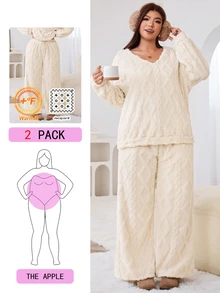 Solflare Plus Size Women Solid Color Long Sleeve Top And Pants Casual Daily Set - Apricot - View 1