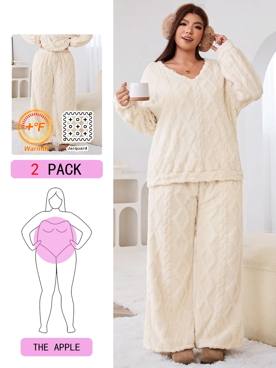 Solflare Plus Size Women Solid Color Long Sleeve Top And Pants Casual Daily Set - Apricot - View 1
