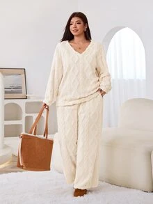 Solflare Plus Size Women Solid Color Long Sleeve Top And Pants Casual Daily Set - Apricot - View 6