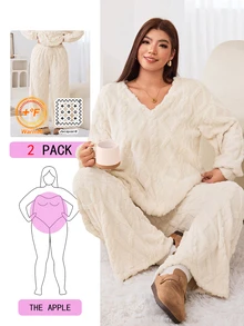 Solflare Plus Size Women Solid Color Long Sleeve Top And Pants Casual Daily Set - Apricot - View 7