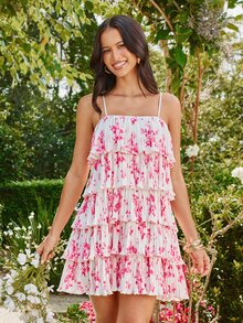 KARISMINA Women's Elegant Boho Floral Print Mini Dress,Summer Beach Holiday White And Pink Multi-Layered Ruffled Spaghetti Strap Pleated Tiered Tea Party Cake - Pink - View 1