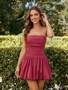 KARISMINA Vestido mini ajustado sin tirantes de unicolor tejido para mujer, primavera/verano vacaciones - Rosa - Ver 4