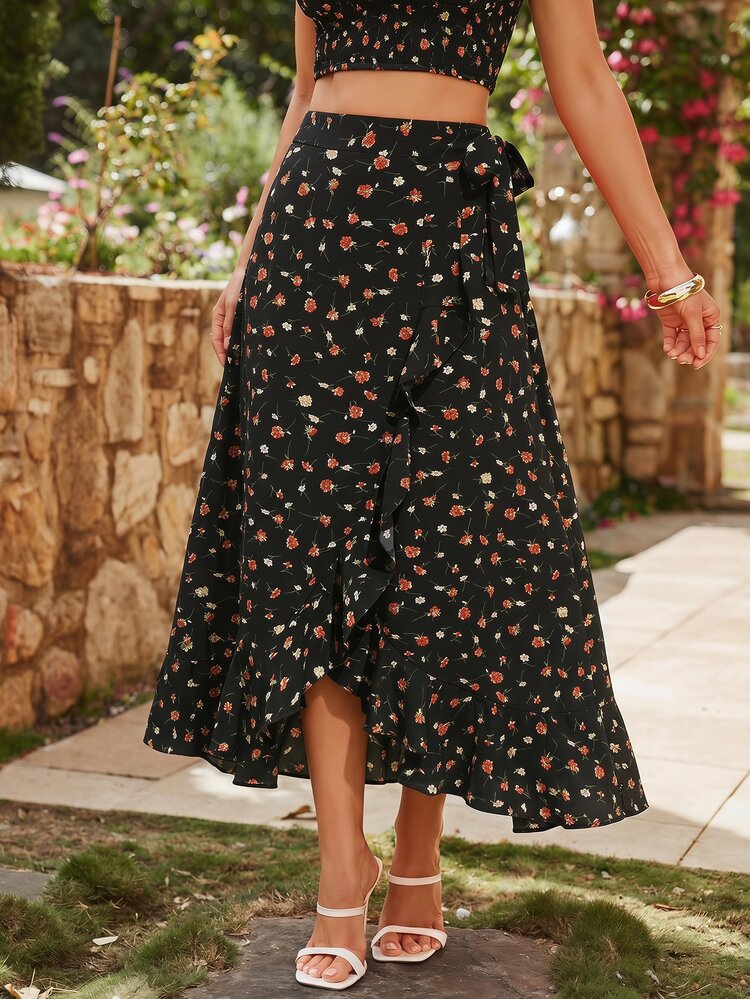 KARISMINA Mid-Length Women's Ditsy Floral Ruffle Tie-Waist Skirt, Suitable For Vacation Holiday Flower Girl Black Summer Boho Casual Brunch - Black - View 1