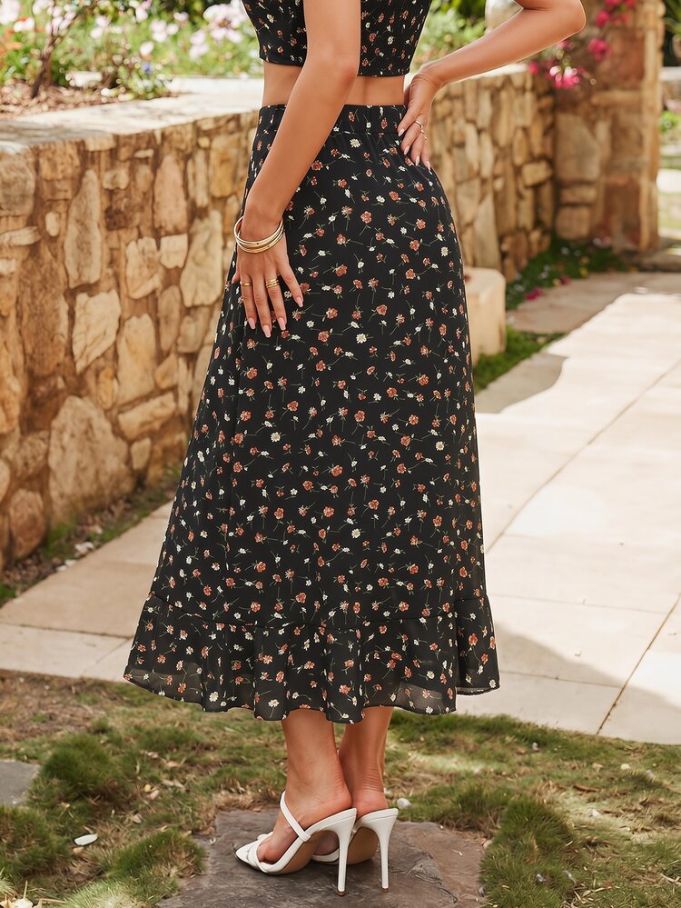 KARISMINA Mid-Length Women's Ditsy Floral Ruffle Tie-Waist Skirt, Suitable For Vacation Holiday Flower Girl Black Summer Boho Casual Brunch - Black - View 2