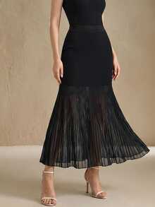 Anewsta Summer Elegant Solid Color Knit Patchwork Semi-Sheer Slim Fit Mermaid Skirt Suitable For Autumn, Winter, Going Out, Leisure, Formal, Party - Black - View 5