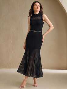 Anewsta Summer Elegant Solid Color Knit Patchwork Semi-Sheer Slim Fit Mermaid Skirt Suitable For Autumn, Winter, Going Out, Leisure, Formal, Party - Black - View 6