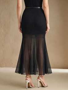 Anewsta Summer Elegant Solid Color Knit Patchwork Semi-Sheer Slim Fit Mermaid Skirt Suitable For Autumn, Winter, Going Out, Leisure, Formal, Party - Black - View 7