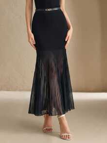 Anewsta Summer Elegant Solid Color Knit Patchwork Semi-Sheer Slim Fit Mermaid Skirt Suitable For Autumn, Winter, Going Out, Leisure, Formal, Party - Black - View 9
