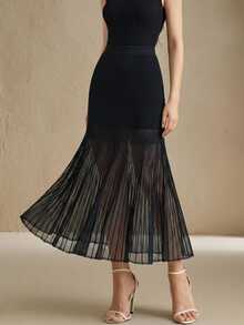 Anewsta Summer Elegant Solid Color Knit Patchwork Semi-Sheer Slim Fit Mermaid Skirt Suitable For Autumn, Winter, Going Out, Leisure, Formal, Party - Black - View 4