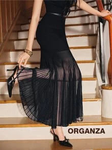 Anewsta Summer Elegant Solid Color Knit Patchwork Semi-Sheer Slim Fit Mermaid Skirt Suitable For Autumn, Winter, Going Out, Leisure, Formal, Party - Black - View 1