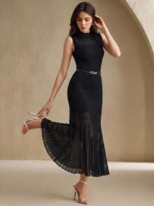 Anewsta Summer Elegant Solid Color Knit Patchwork Semi-Sheer Slim Fit Mermaid Skirt Suitable For Autumn, Winter, Going Out, Leisure, Formal, Party - Black - View 8