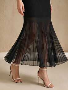 Anewsta Summer Elegant Solid Color Knit Patchwork Semi-Sheer Slim Fit Mermaid Skirt Suitable For Autumn, Winter, Going Out, Leisure, Formal, Party - Black - View 2