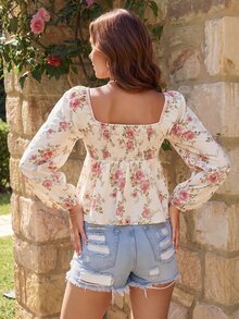 KARISMINA Women's Fashion Floral Print Lace-Up Sweet Tropical Cottagecore Romantic Cottage Core Modest Boho Cute French Style Blouse Pastel Pink Autumn Vacation - Multicolor - View 5