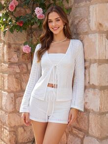 KARISMINA Vacation Solid Color Knit Cardigan Shorts Women 2pcs Set Brunch White Autumn Tropical Elegant - White - View 4