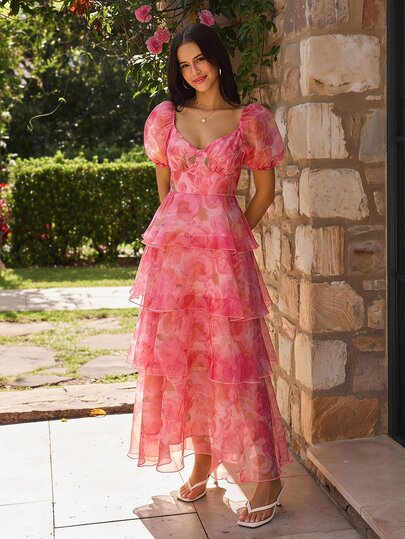 KARISMINA Summer Women's Wedding Dinner Date Mother Of The Bride Christening Citizenship Ceremony Floral Pink Print Short Puff Sleeve Ruffle Hem Elegant Dress