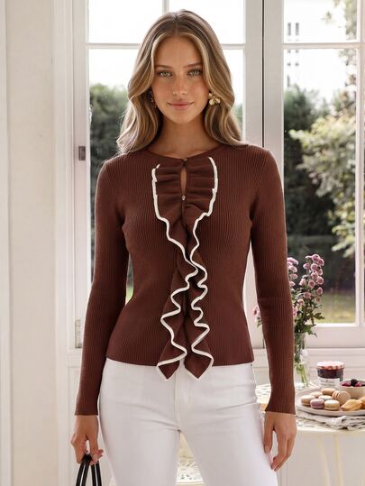 KARISMINA Autumn Women's Romantic Elegant Colorblock Ruffle Trim Versatile Cardigan Sweater, Brunch Everyday Outfits, Work Wear Fall Winter Brown And Cream