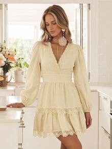 KARISMINA Casual Romantic Elegant Solid Color Woven Ruffle Hem Mini Dress For Women Brunch Date Tea Party Beige Autumn Country Concert Outfit Fall Clothes - Yellow - View 3