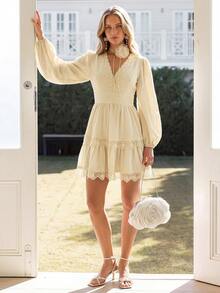 KARISMINA Casual Romantic Elegant Solid Color Woven Ruffle Hem Mini Dress For Women Brunch Date Tea Party Beige Autumn Country Concert Outfit Fall Clothes - Yellow - View 5