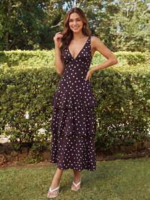 KARISMINA 春夏度假編織波點印花多層荷葉邊長洋裝女款 - 棕色 - 查看 1