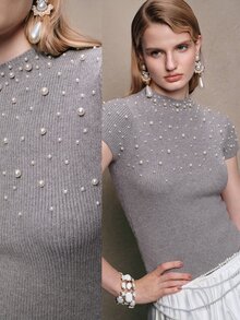 Anewsta Atasan Rajut Model Kerah Tinggi Berhiaskan Mutiara Tebal untuk Wanita, Cocok untuk Musim Semi, Gugur, dan Musim Dingin, Gaya Komuter - Grey - View 1