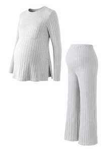 SHEIN Women's Comfortable Casual Pure Gray Long Sleeve Top And Pants Nursing 2 Pieces Set - Light Grey - View 2