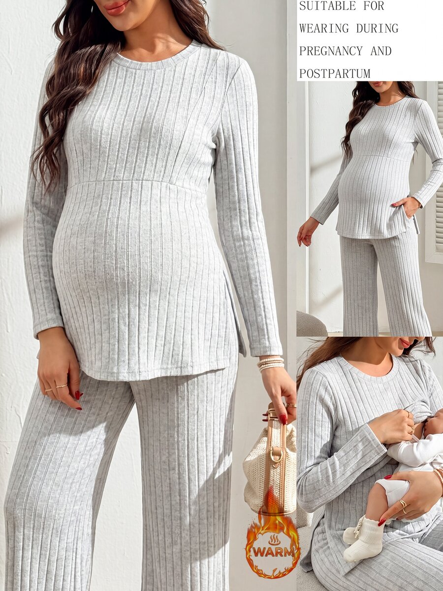 SHEIN Women's Comfortable Casual Pure Gray Long Sleeve Top And Pants Nursing 2 Pieces Set - Light Grey - View 1