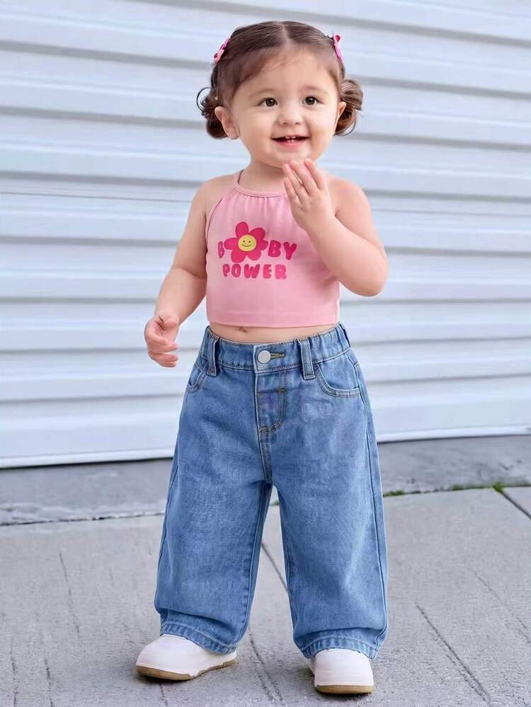 SHEIN Baby Girl New Casual Fashion Style Straight Leg Washed Denim Jeans Fall Winter - Medium Wash - View 6