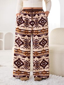 Solflare Plus Size Casual Geometric Print Warm Long Pants, Autumn/Winter - Multicolor - View 4
