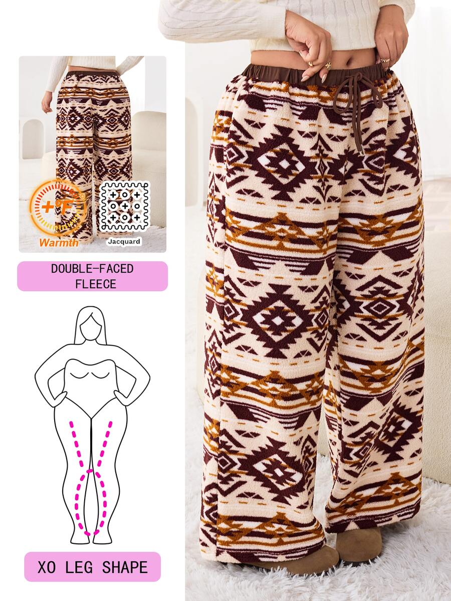 Solflare Plus Size Casual Geometric Print Warm Long Pants, Autumn/Winter - Multicolor - View 1